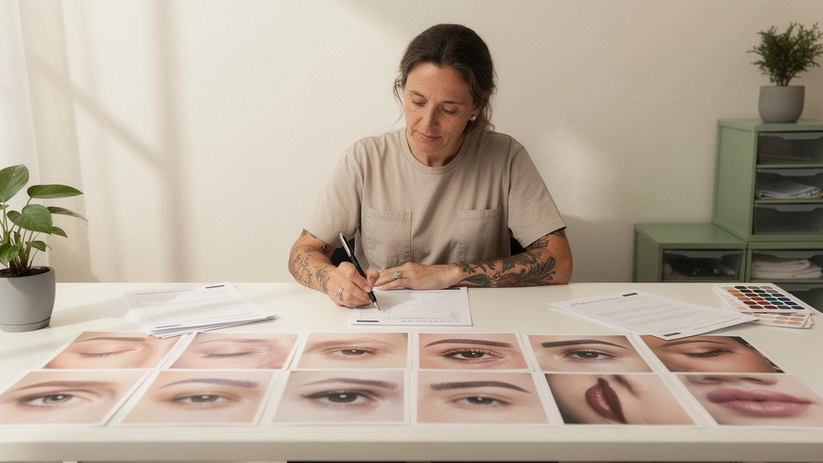 Artist preparing a consultation plan for a tattoo or permanent makeup client.